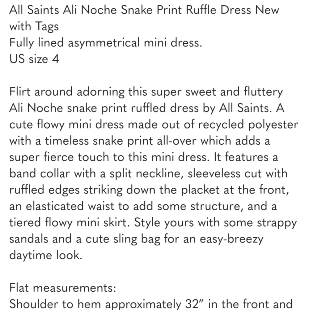 All Saints NWTs Ali Noche Snake Print Ruffled Dress - Picture 7 of 8